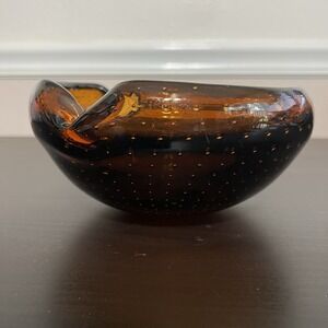 Vintage MCM‎ Blenko Glass Ashtray Amber Glass Controlled Bubble Plants Amorphous